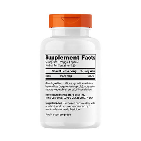 Doctors Best, Biotin, 5,000 mcg, 120 Veg Caps