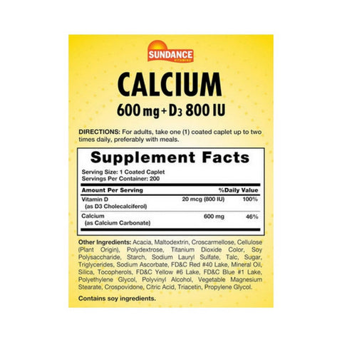 Sundance, Calcium + Vitamin D3 Coated Caplets, 200 Tabs