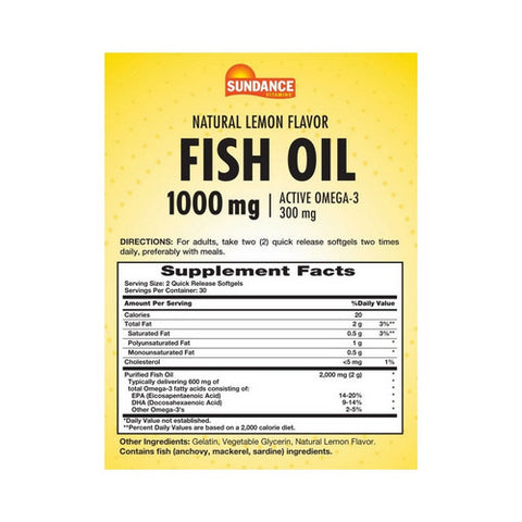 Sundance, Vitamins Fish Oil Softgels Natural Lemon Flavor, 1000 mg, 60 Tabs