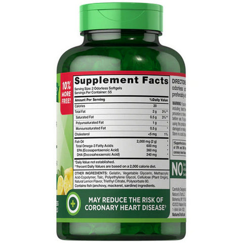 Nature's Truth, Vitamins Odorless Fish Oil Softgels Lemon Flavor, 2000 Mg, 110 Caps