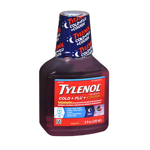 Tylenol, Cold + Flu + Cough Night Liquid with Acetaminophen, 8 Oz, Wild Berry