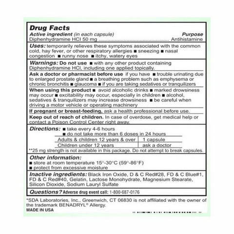 SDA Labs, Diphenhydramine HCL, 50 Mg, 1000 Caps