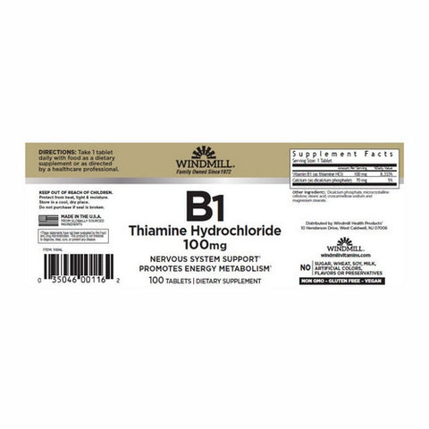 Windmill Health, Vitamin B-1, 100mg, 100 Tabs