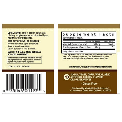 Windmill Health, Vitamin C Rose Hips, 500mg, 100 Tabs
