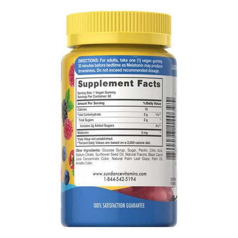 Sundance, Vitamins Melatonin Vegan Gummies Natural Mixed Berry Flavor, 5 Mg, 60 Gummies