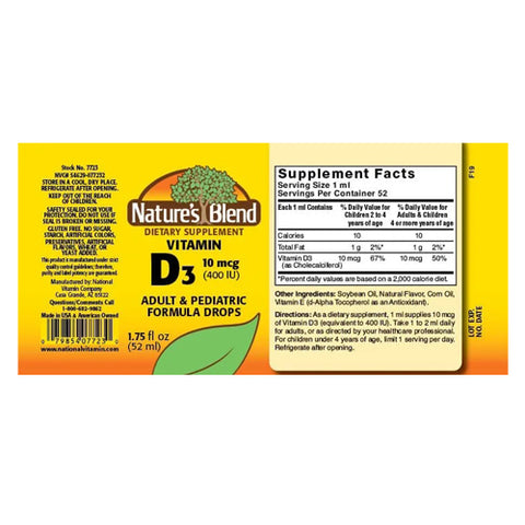 Nature's Blend, Vitamin D3 Liquid With Dropper, 10 mcg (400IU), 1.75 Oz