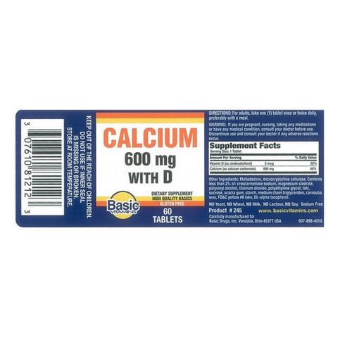 Basic Vitamins, Calcium With D, 600 Mg, 60 Tabs