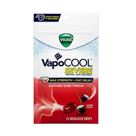 Vicks, VapoCool Severe Menthol Anesthetic Cherry Freeze Medicated Drops, 18 Count