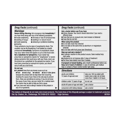 Allegra, Hives Fexofenadine HCL Tablets, 180 Mg, 30 Tabs