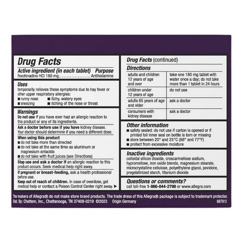 Allegra, 24 Hour Allergy Relief Fexofenadine Hydrochloride, 70 Tabs
