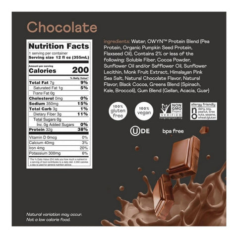 Owyn, Plant Based Pro Elite Chocolate Protein Drink, 12 Oz(Case Of 12)