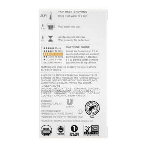 Tazo, Organic Chai Black Tea, 16 Bags (Case Of 6)