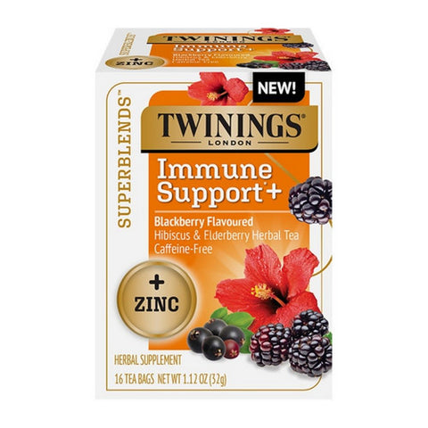 Twinings Tea, Twinings Superblends Immune Support Blackberry Hibiscus Tea Plus Zinc, 16 Bags(Case Of 6)
