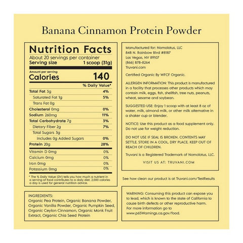 Truvani, Organic Plant Protein Powder Banana Cinnamon, 22.19 Oz