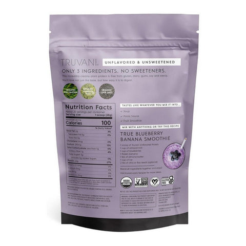 Truvani, Organic Plant Based Protein Powder Unflavored, 19.75 Oz