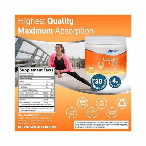 Trace Minerals, Quercetin + Zinc Powder Orange Cream Flavor, 500 mg, 120 Grams