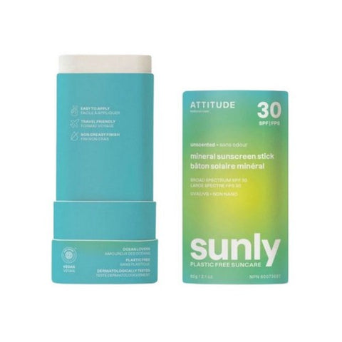 Attitude, Mineral Sunscreen Stick SPF 30 Sunly Plastic Free Unscented, 2.1 Oz