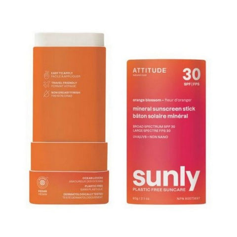 Attitude, Mineral Sunscreen Stick SPF 30 Sunly Plastic Free Orange Blossom, 2.1 Oz
