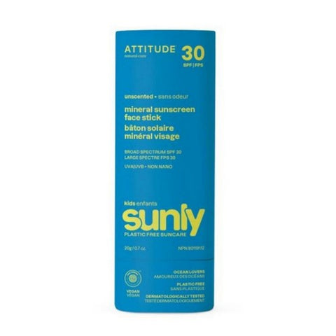 Attitude, Kids Mineral Sunscreen Face Stick SPF 30 Sunly Plastic Free Unscented, 0.7 Oz