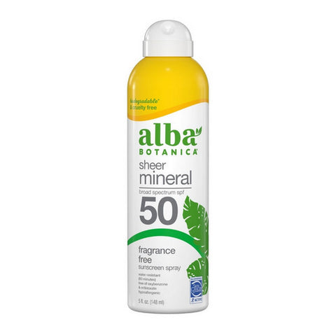 Alba Botanica, Sheer Mineral Broad Spectrum SPF 50 Fragrance Free Sunscreen Spray, 5 Oz