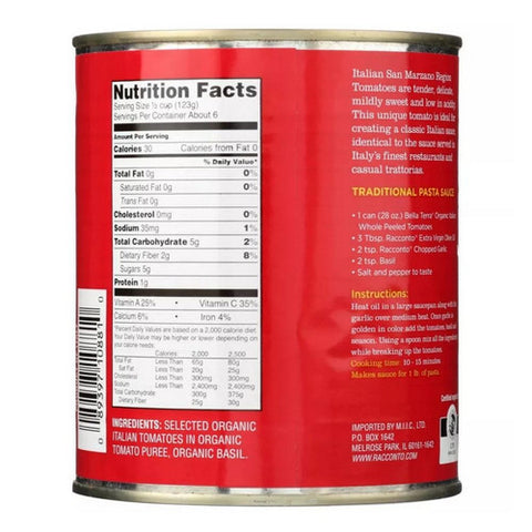 Bella Terra, Organic Italian San Marzano Whole Peeled Tomatoes, 28 Oz (Case Of 12)