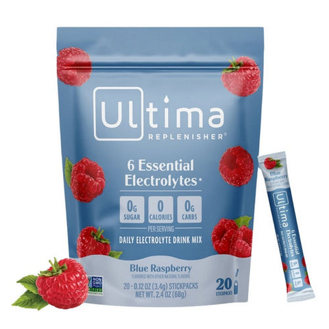 Ultima Replenisher, Electrolyte Hydration Powder Blue Raspberry, 0.12 Oz (Case of 20)