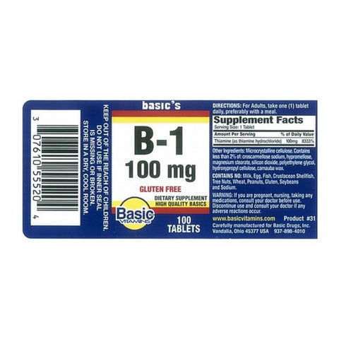 Basic Vitamins, Vitamin B-1, 100 Mg, 100 Tablets