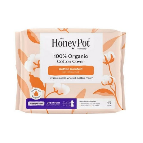 The Honey Pot, Organic Non Herbal Overnight Heavy Flow Menstrual Pads With Wings, 16 Count