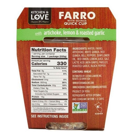 Kitchen And Love, Farro With Quiona Quick Cup Artichoke Lemon And Roasted Garlic, 7.9 Oz (Case Of 6)