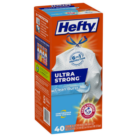 Hefty, Ultra Strong Drawstring Clean Burst Tall Kitchen Bags, 40 Count (Case Of 6)