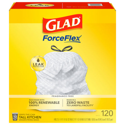 Glad, Kitchen Drawstring Bags Forceflex Tall Fragrance Free, 120 Count (Case Of 3)