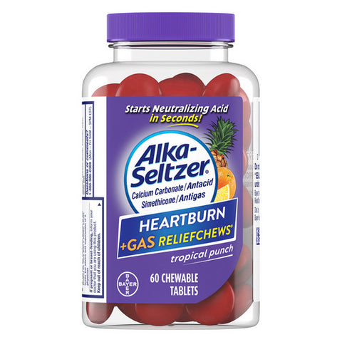 Alka-Seltzer, Heartburn Plus Gas Relief Chews Tropical Punch Chewable Tablets, 60 Count (Case Of 3)