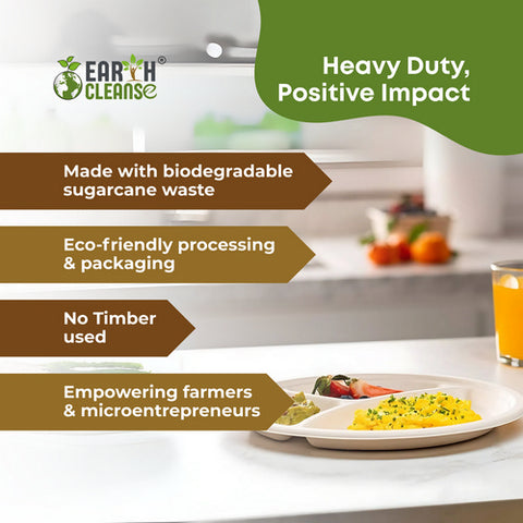 Earth Cleanse, Bagasse 10-Inch 3-Compartment Round Plates, Pack of 25