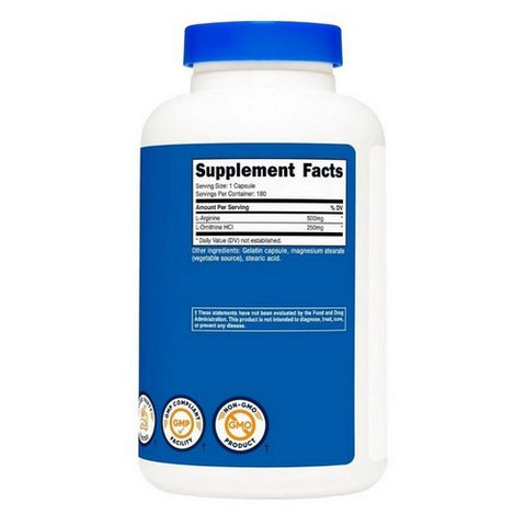 Nutricost, L-Arginine L-Ornithine Capsules, 750 Mg, 180 Count